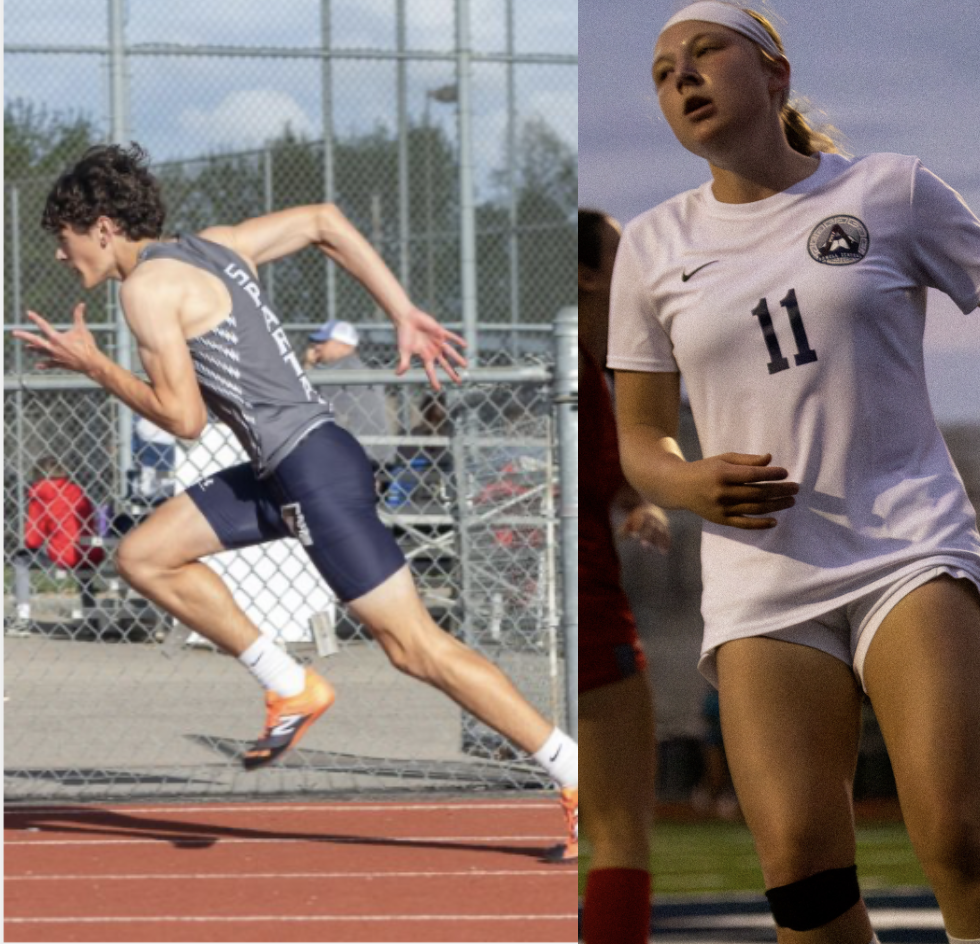 Left: Senior Simeon Smith runs to advance in his 400 meter dash. (Kaitlyn Morgan) Right: After her shot at the Eagles' goal was intercepted, senior Cassie Durbin shook off the disappointment and prepared for her next attempt at a point. As the final games for the varsity girls came to an end, Durbin continued to play with her all throughout the tough game. (Kamryn Twitty) 
